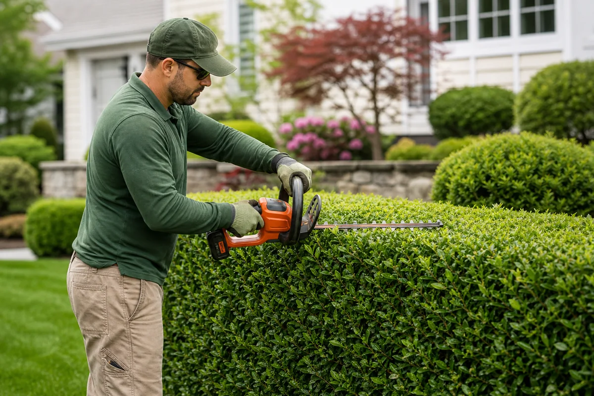 A lawn care professional trimming a residential hedge